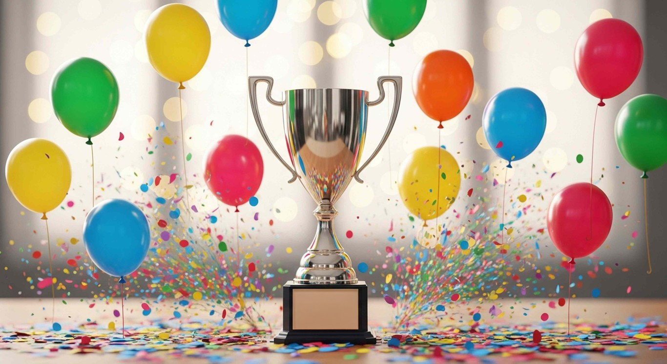 Pokal mit Ballons und Konfetti im Hintergrund
